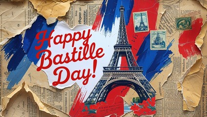 Displaying collage featuring Bastille Day script and Eiffel Tower on torn pages, with flag strokes