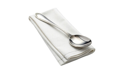 Silver Spoon on Folded White Napkin Isolated on Transparent Background
