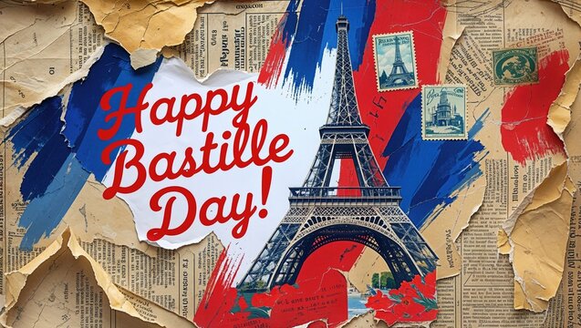 Displaying collage featuring Bastille Day script and Eiffel Tower on torn pages, with flag strokes - Powered by Adobe
