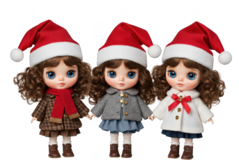 Three cute christmas dolls wearing santa hats are isolated on transparent background