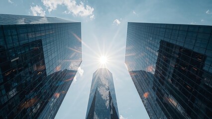 Reflecting three glass skyscrapers meeting under sunburst at city center, lens flares glinting