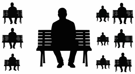 Man Sitting on Bench Silhouette Set – Relaxed and Resting Poses in Vector Style on White Background

