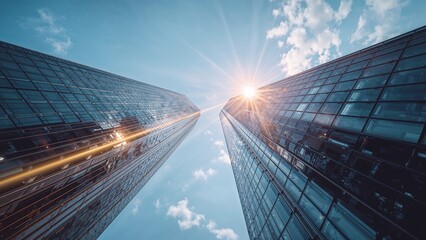 Reaching glass high-rise towers converging toward blue sky in city center, with sun and lens flare