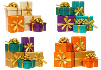 A colorful collection of gift boxes with golden bows stacked on a transparent background, isolated on transparent background