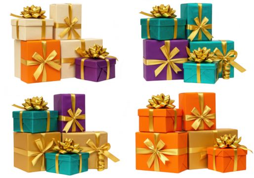A colorful collection of gift boxes with golden bows stacked on a transparent background, isolated on transparent background