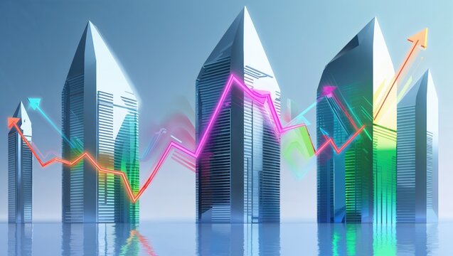 Five shiny skyscrapers emerging from mirrored water at futuristic port, neon line graph overlays