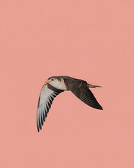 A snow bunting bird in mid flight against a soft pink background with its wings spread wide