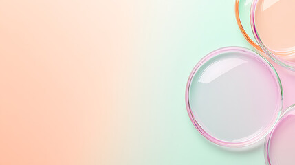 Abstract pastel image featuring petri dishes filled with colorful liquids, evocative of scientific research, experiments, or cosmetic formulations.