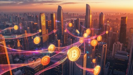 Floating Bitcoin coin hovering over glass skyscrapers at sunset, with dollar icons and neon trails