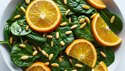Spinach salad with oranges and pine nuts isolated on transparent background  