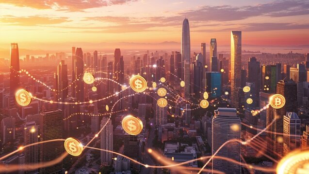 Glowing digital currency network hovering over city sunset skyline, with dollar and Bitcoin coins