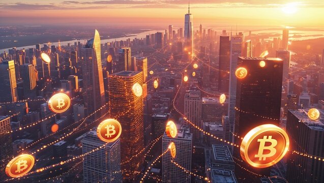 Floating gold bitcoin coin icons forming network above skyscrapers at sunset, dotted light trails