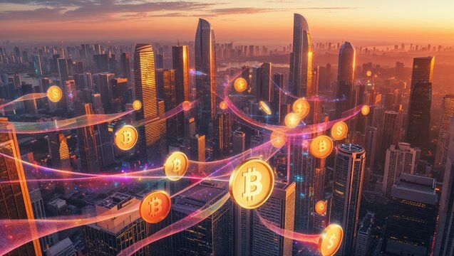 Floating Bitcoin coin hovering over glass skyscrapers at sunset, with dollar icons and neon trails