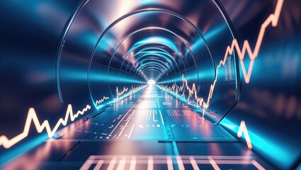 Glowing tunnel corridor displaying digital waveform in data tunnel, with LED strips and metal rings