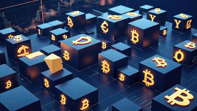 Displaying digital cubes forming stepped grid in trading platform, with glowing gold crypto symbols