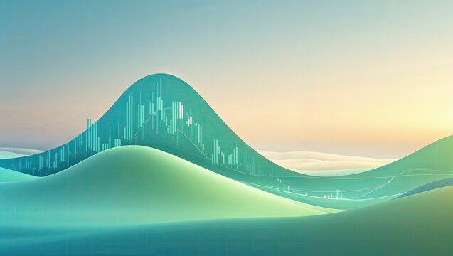 Displaying central teal-green wave in abstract sunrise sky, with candlestick, bar and line graphs