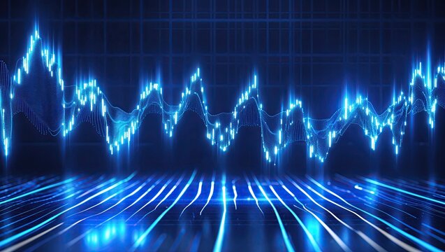 Floating glowing blue bars forming waveform in 3D grid space, with sine-wave overlay and grid floor