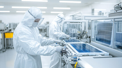 Workers in clean suits manufacture solar panels on an assembly line. Strict protocols ensure quality & precision. Clean energy for the future.