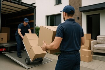 Naklejka na ściany i meble Professional movers handling boxes.