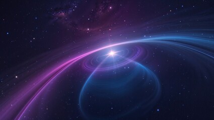 Obraz premium Glowing central star casting neon pink and blue swirling rings in deep space, with distant stars
