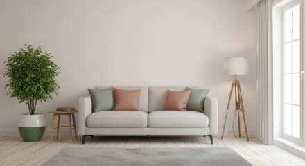 Modern living room with a cozy sofa, decorative pillows, indoor plant, and natural light streaming in