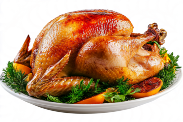 Baked whole turkey on a dish, isolated on a transparent background. 