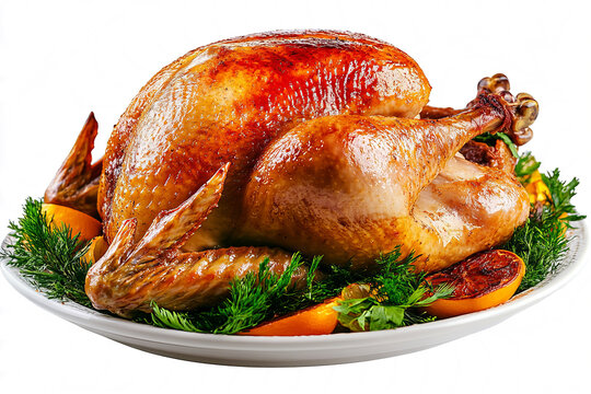 Baked whole turkey on a dish, isolated on a transparent background. 