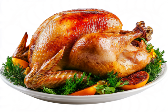 Baked whole turkey on a dish, isolated on a transparent background. 