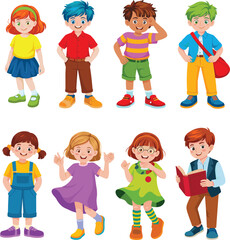 Diverse Happy Children Standing Smiling Group Young Boys Girls Together Playful Kids Youth Childhood Education Friendship Students Character Vector Art