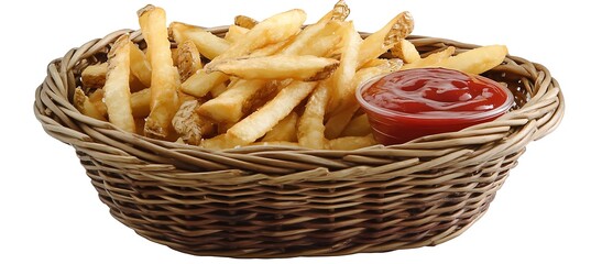 A basket of crispy golden French fries with ketchup 