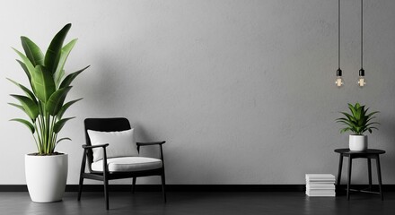 Modern minimalist interior design featuring a stylish chair, plants, and ambient lighting in a serene setting