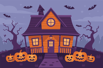 Halloween vector illustration. Cute cartoon house with pumpkins.
