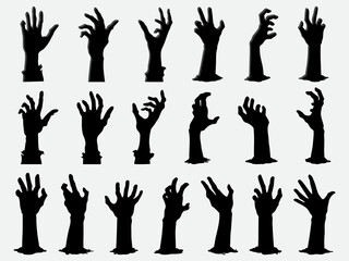 Set of black silhouettes of zombies hands in different gestures. Vector illustration.