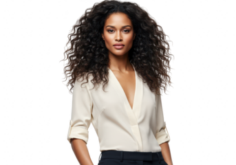 A stunning african american woman with curly hair is posing in a white shirt isolated on transparent background