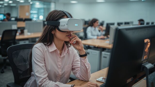 Asian office worker wearing white VR headset at open-plan office with monitor, copy space