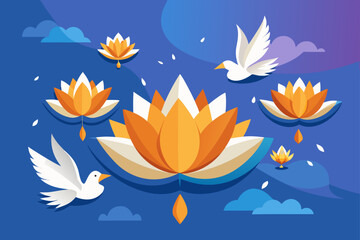 Fototapeta premium Saffron Lotus Petals and Flying Doves Floating