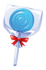 Blue round lollipop in clear plastic wrapper with a decorative red bow. Vector cartoon illustration