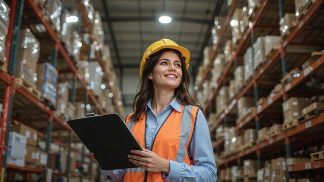 Inspecting warehouse worker wearing hard hat safety vest scanning stock in aisle, with clipboard