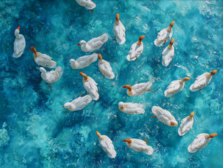 Flock of White Ducks Swimming in Turquoise Water Painting