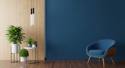 Modern living room interior featuring a blue accent wall, stylish furniture, and decorative plants