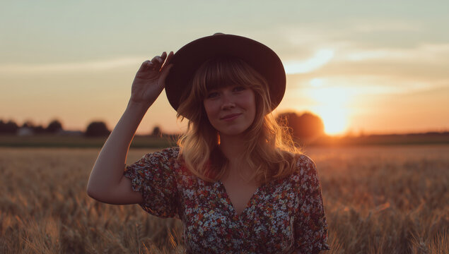 Woman in Hat at Golden Hour in Wheat Field