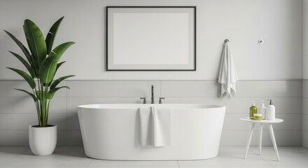 Fototapeta premium Modern bathroom featuring a sleek freestanding tub, minimalistic decor, and a serene atmosphere