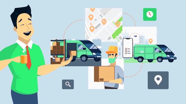 Happy man using delivery app with multiple service features like location tracking and order summary animation