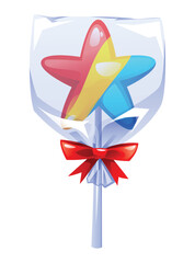 Colorful star-shaped lollipop in clear wrapper with a red bow, perfect for celebrations and gifts. Vector cartoon illustration