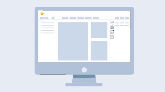 Computer screen with website layout and wireframe design showing UI/UX development in digital animation
