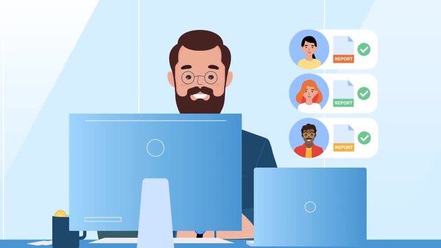 Man working on desktop with profile review system displaying candidate avatars and professional evaluation