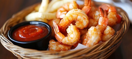 A basket of fried shrimp with cocktail sauce 