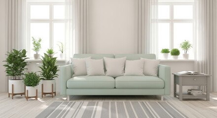 Fototapeta premium Modern living room with a mint green sofa, decorative pillows, potted plants, and natural light