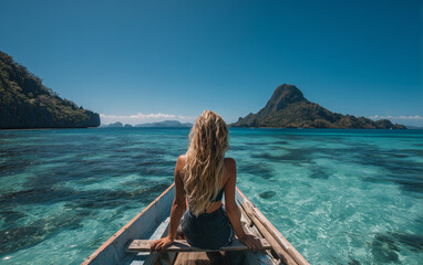 Woman with Blonde Hair on Boat in Tropical Paradise