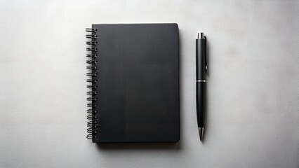 Black spiral notebook and pen on gray textured background; minimalist office supplies; professional, corporate branding mockup.